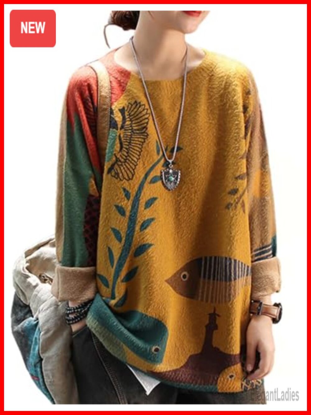 Women's Oversized Graphic Print Pullover Sweater Cotton Wool Knit Crewneck